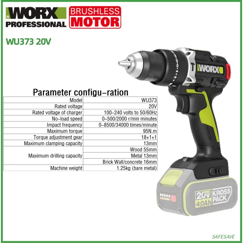 Imagem -04 - Worx-broca Manual Elétrica de Lítio Furadeira de Impacto 20v Wu182 Wu173 Wu369 Wu373 Wu377