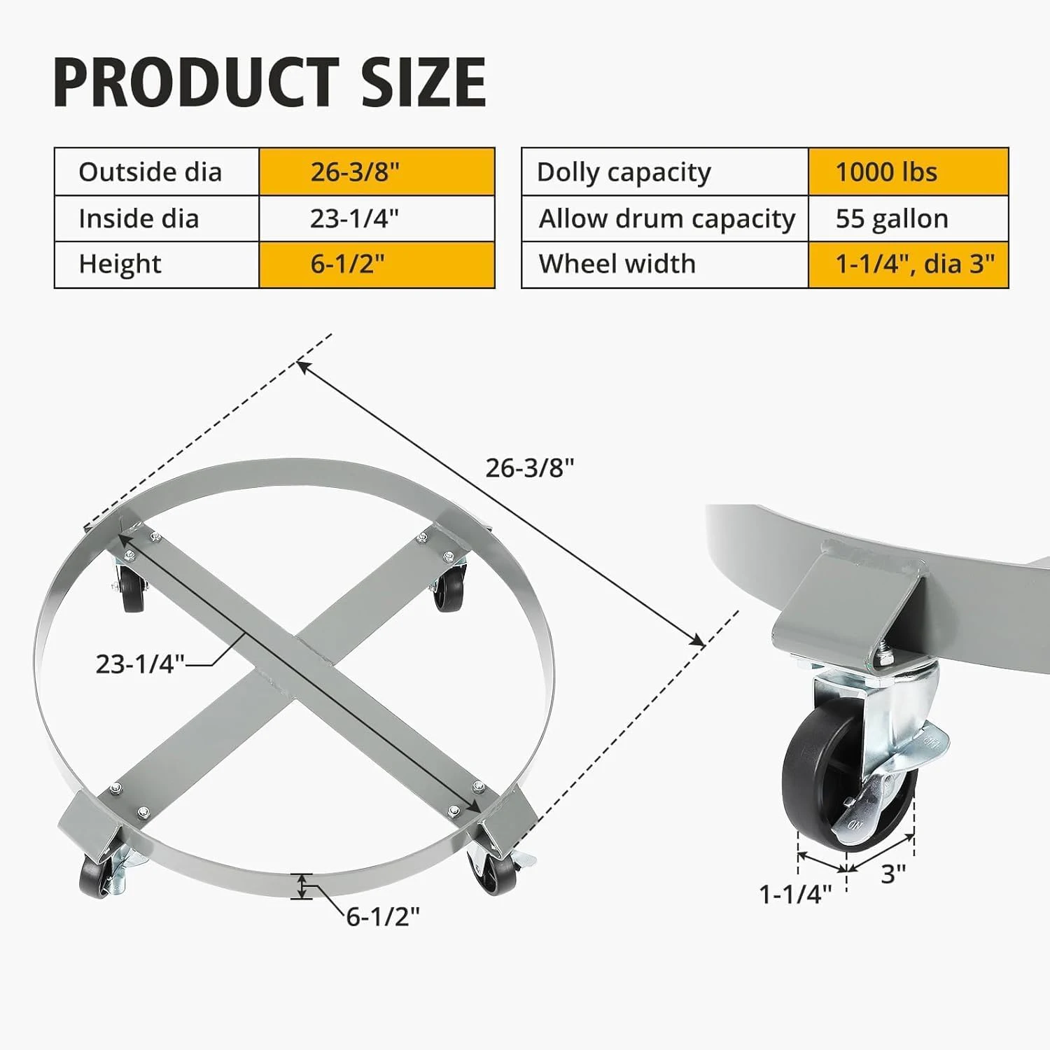 55 Gallon Drum Dolly, Barrel and Trash Can Dolly with Cross Braces and 4 Swivel Caster Wheels for Warehouse Drum Handling