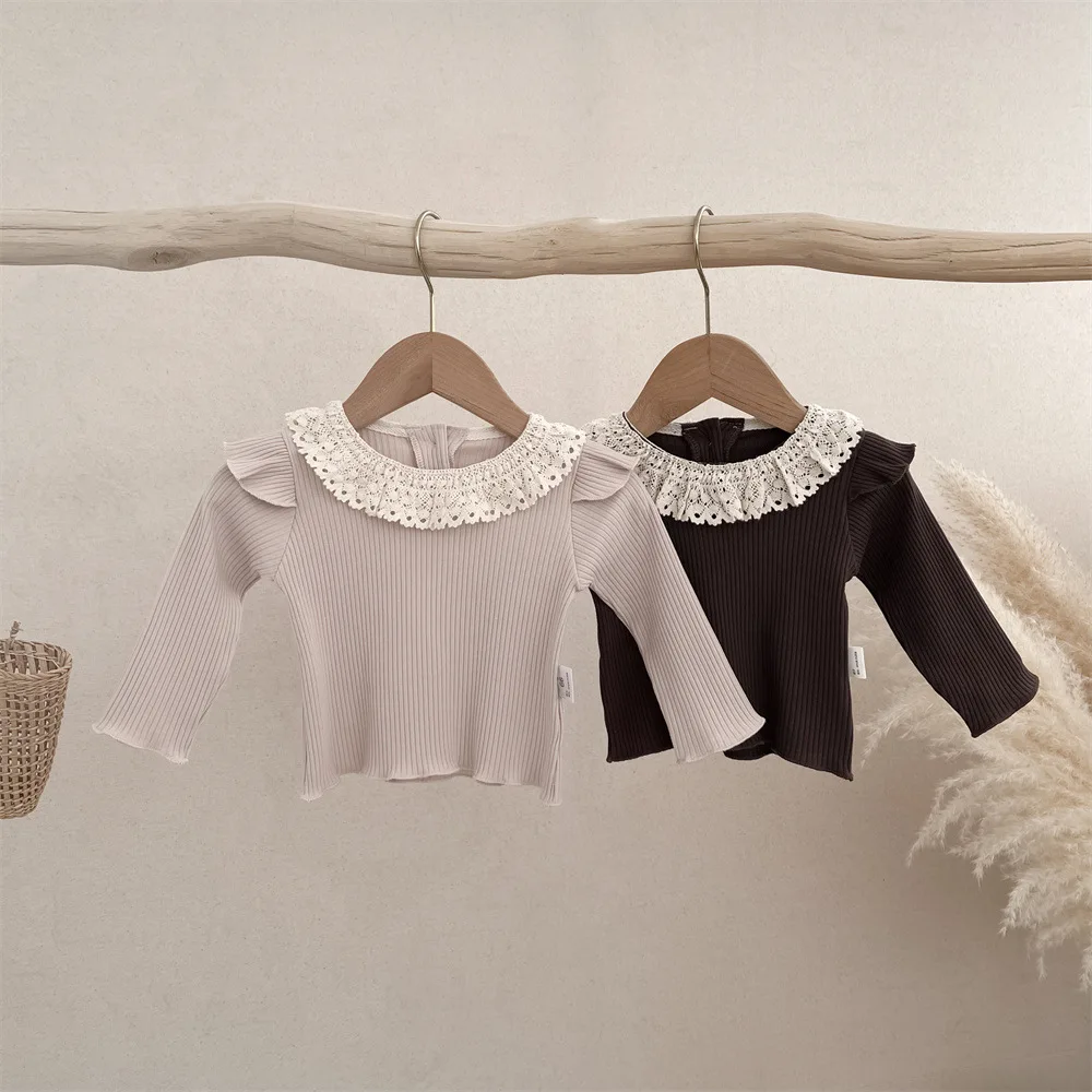 2024 Autumn New Baby Girl Hollow Out Lace Collar Bottoming Shirt Infant Toddler Long Sleeve Tops Cotton Baby Solid T Shirts