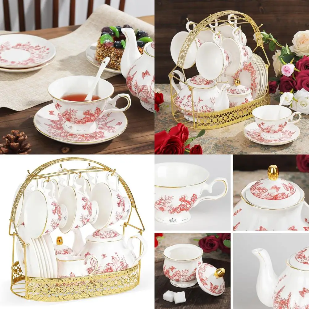 

Vintage 22-Piece Red Floral Bone China Tea Set for Women, Perfect for Weddings and Birthdays, Ideal Tea Party Gift