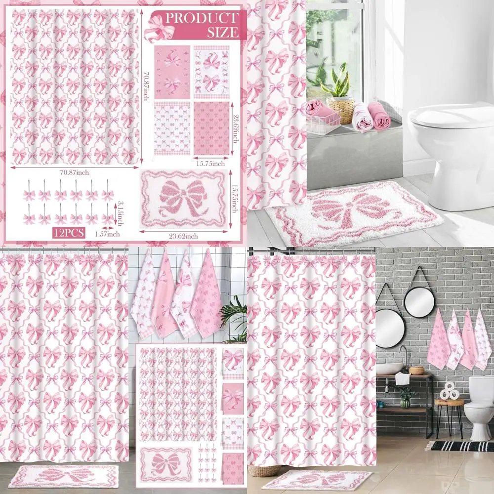 

Pink Bow Shower Curtain Set with 12 Hooks, Towels, and Non-Slip Rug for Chic Bathroom Decor