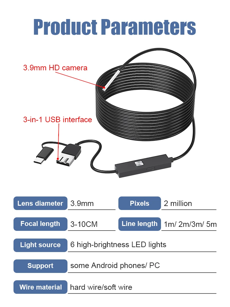 Dodosee 3.9mm HD Endoscope 3 in 1 Car Inspection Borescope 720p Mini Camera for Android Mac Windows Micro USB Type C