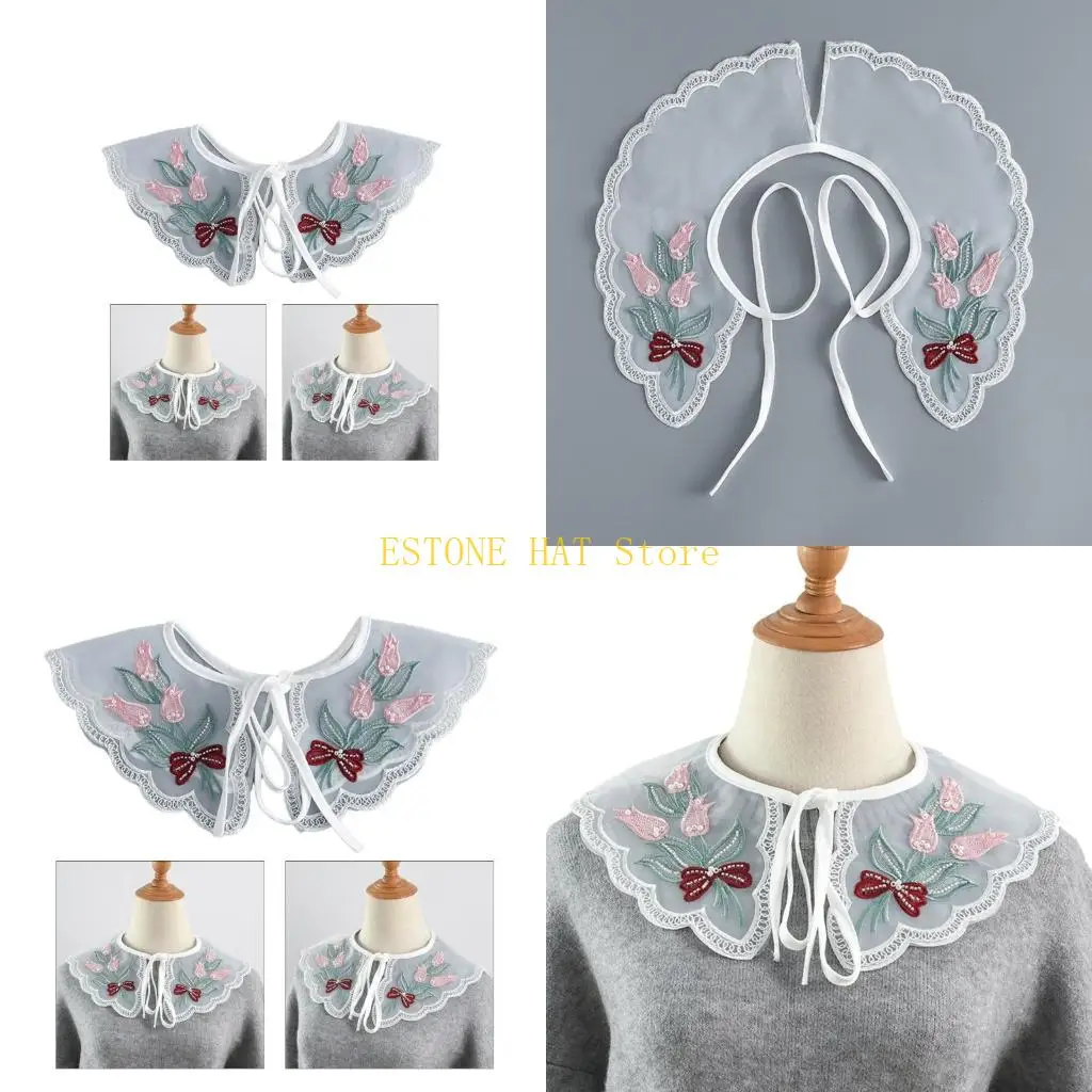 49MF Elegant Woman Shirt Detachable Collar Breathable Lace Shawl Adjustable Rope Sweet Sweater Embroidered False Collar