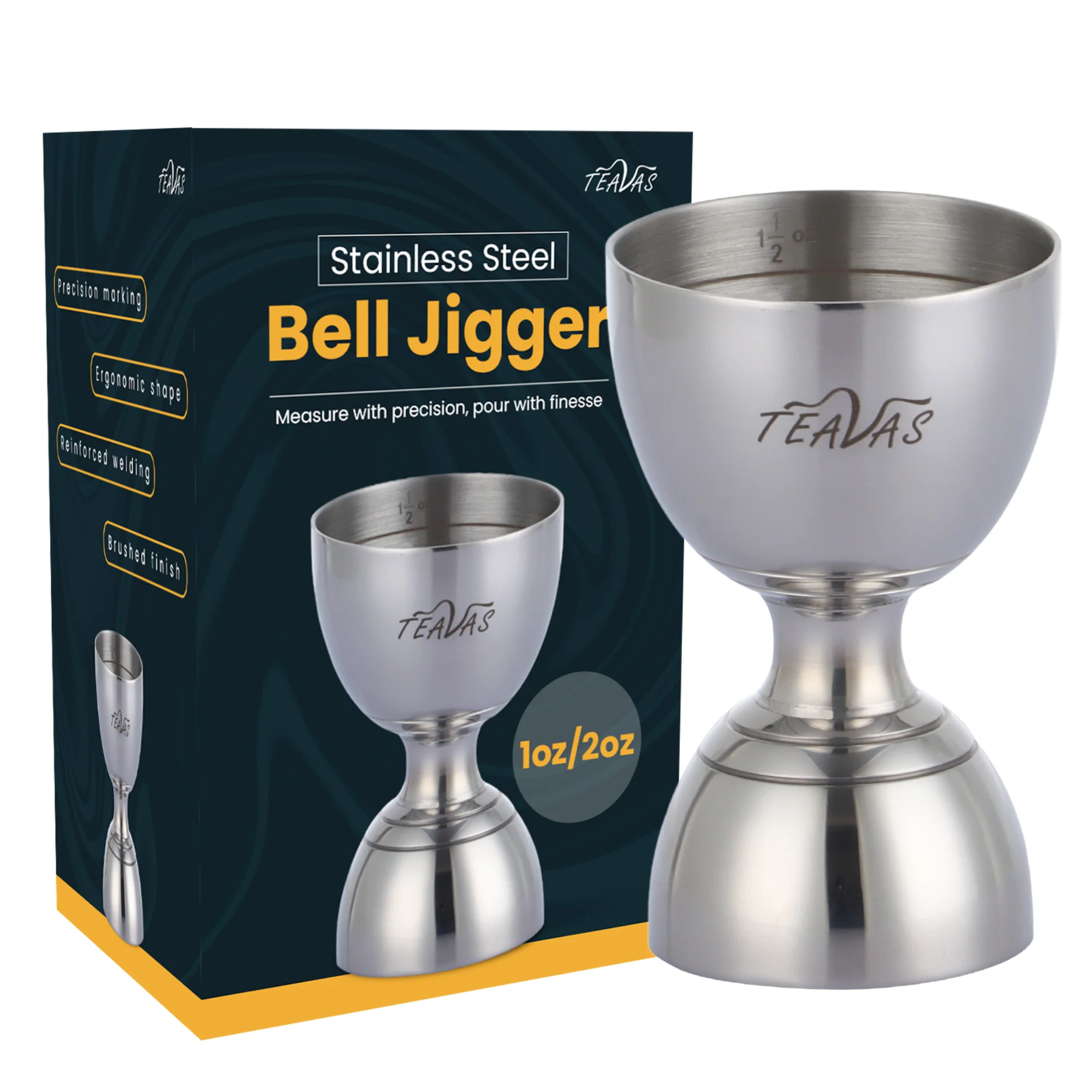 TEAVAS stainless steel bell jigger - 60ml / 30ml stainless steel cocktail jigger for professional bartending - double jigger