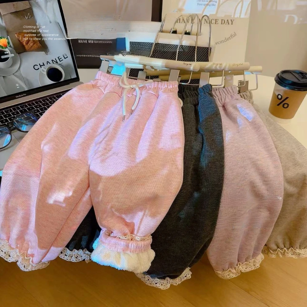 

2025 Winter New Girls' Plush Thick Pants Solid Color Lace Korean Version Fashion Trend Children's Casual Clothes 2-7 Years Old