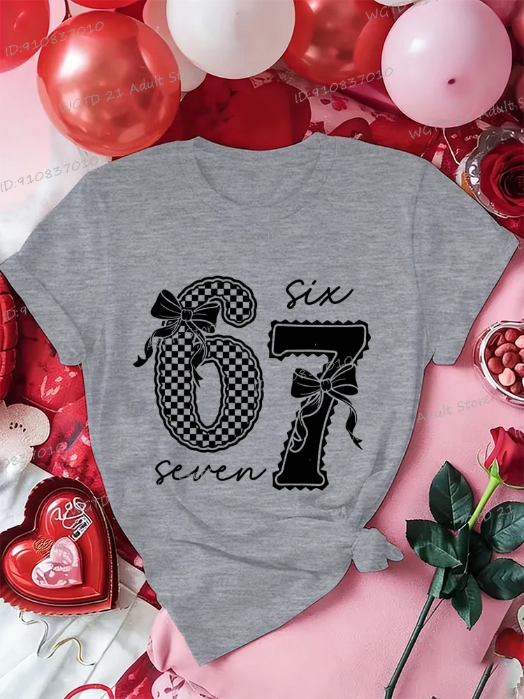 

Fun Six Seven Coquette Bow Shirt Valentine's Day 67 Trend Women Men T-shirts Crewneck Short Sleeve Couple Matching Tops Gifts