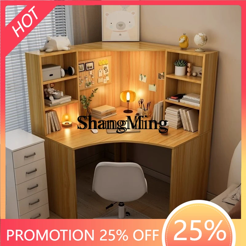 

FG study table solid wood corner computer bookshelf combination integrated desktop student writing bookcase household