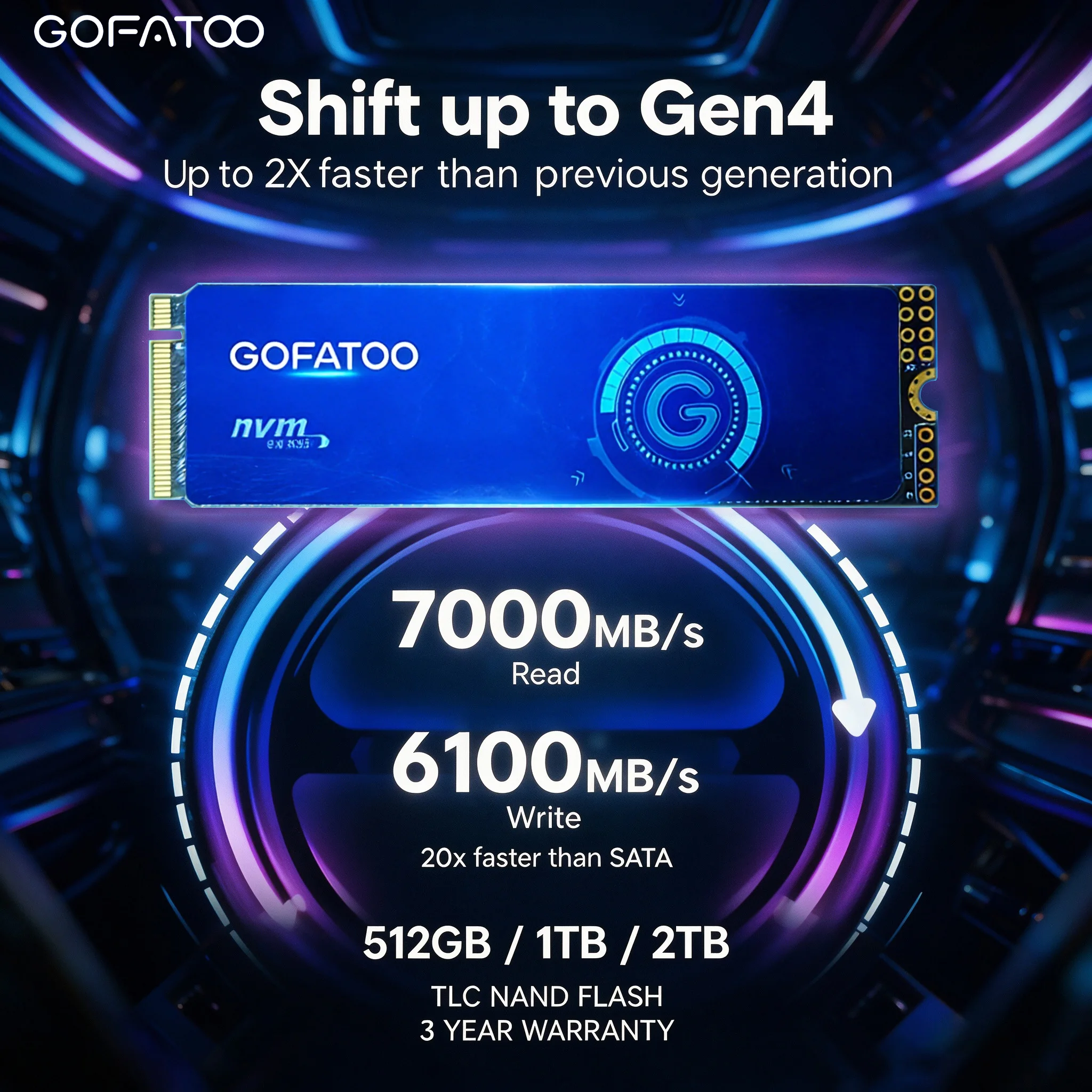 GOFATOO M.2 2280 PCIe4.0 NVMe SSD 7000MB/s TLC NAND Solid State Drive 512GB 1TB 2TB for Laptop PS5 Desktop Gaming PC