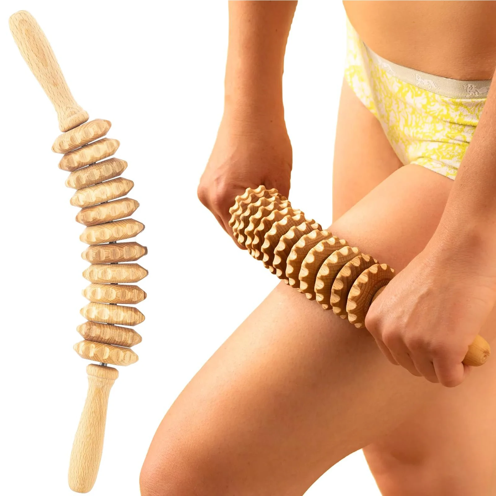 12 Rollers Handheld Wooden Massager Curved Wood Therapy Massage Roller Tool Cellulite Muscle Massage for Waist and Thigh