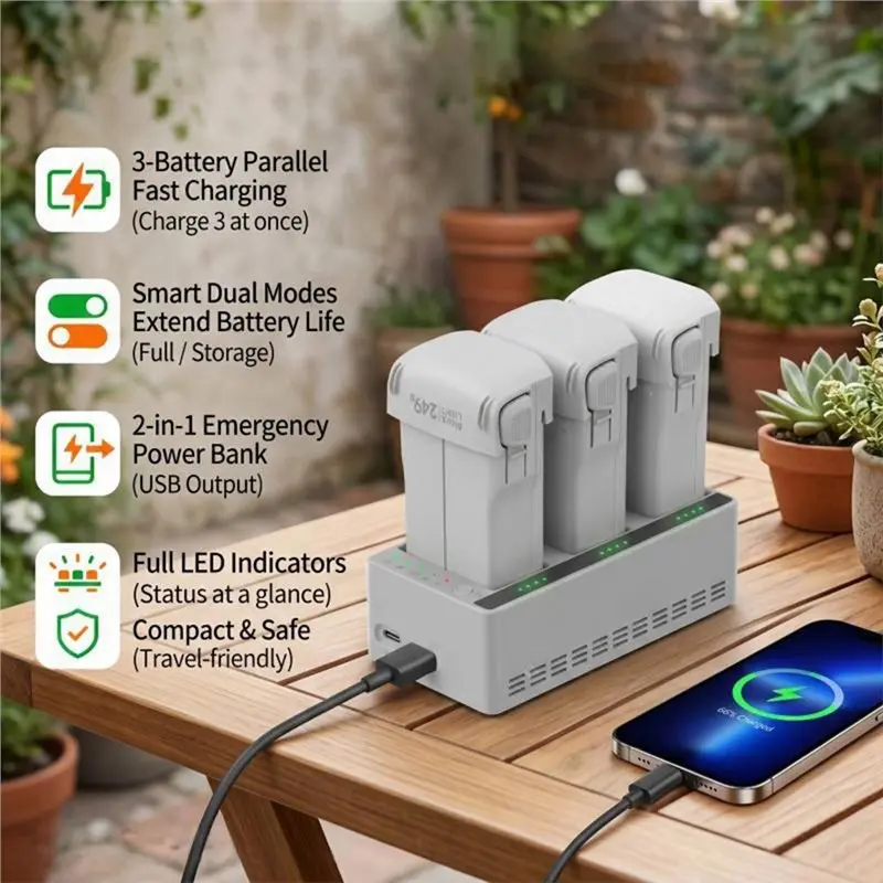 B29C-3-Channel Two-Way Charging Hub For DJI Lito 1 X1 Drone Fast Charger Power Bank Multi-Battery Charger Dock