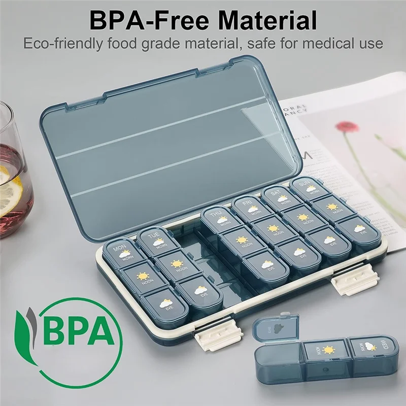 

Versatile 3 Times A Day, 7 Day Pill Box - Weekly Travel Pill Container, Blue