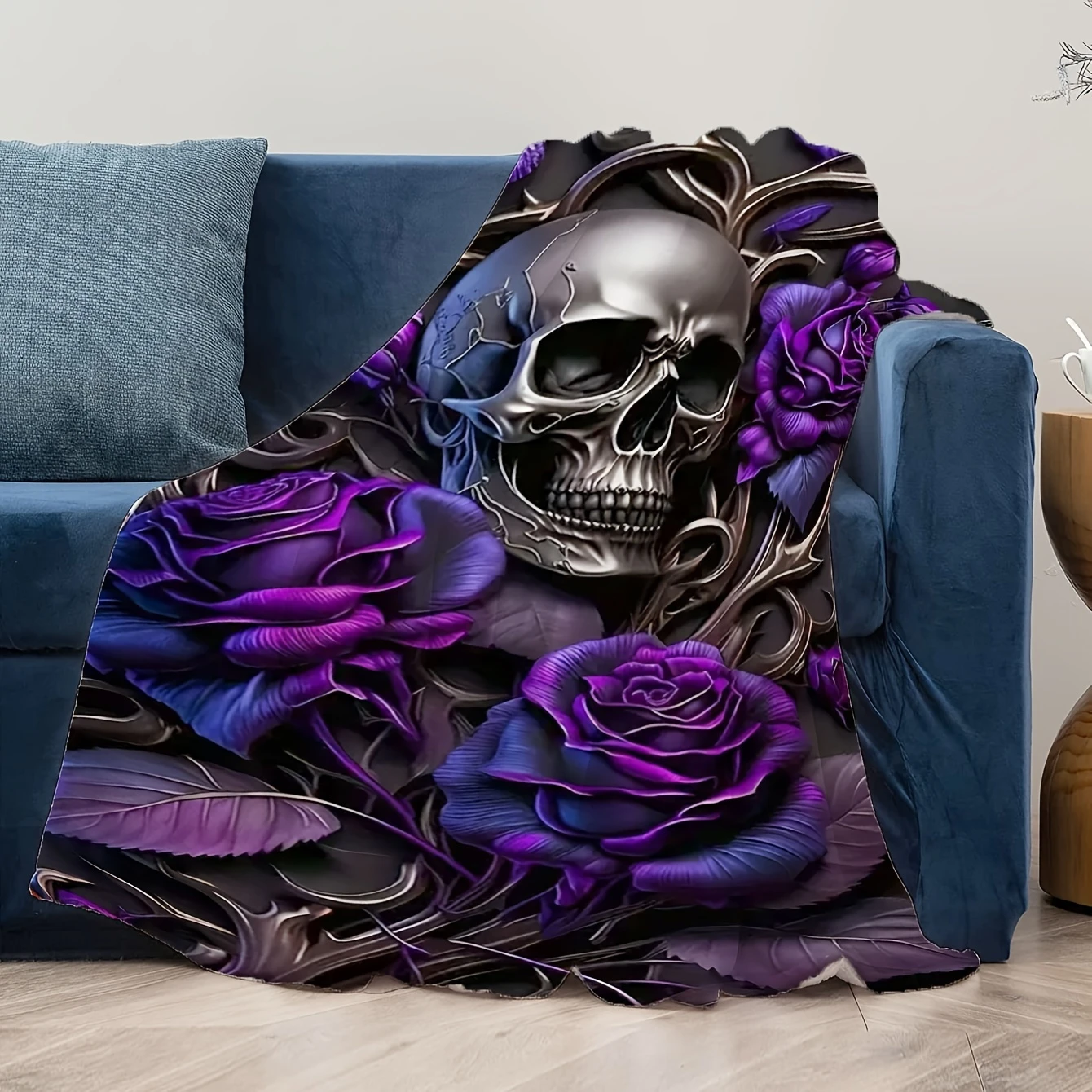 VIKAMA Gothic Skull Purple Rose Flannel Blanket Dark Tattoo Print Sofa Cover Halloween Goth Home Decor Gift - view 3