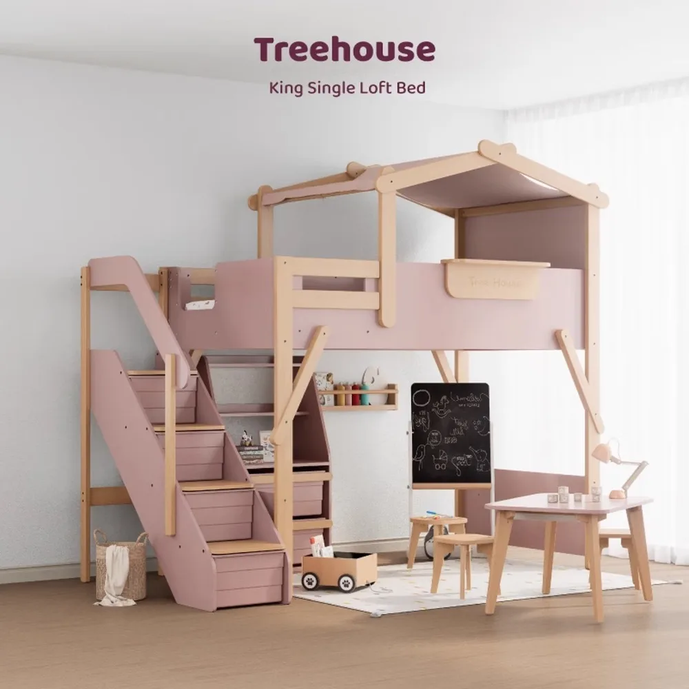 

Solid Wood Treehouse Bunk Bed Kids Loft Bed with Desk Modern High Sleeper Frame Children's Double Bed for Boys Girls Bedroom