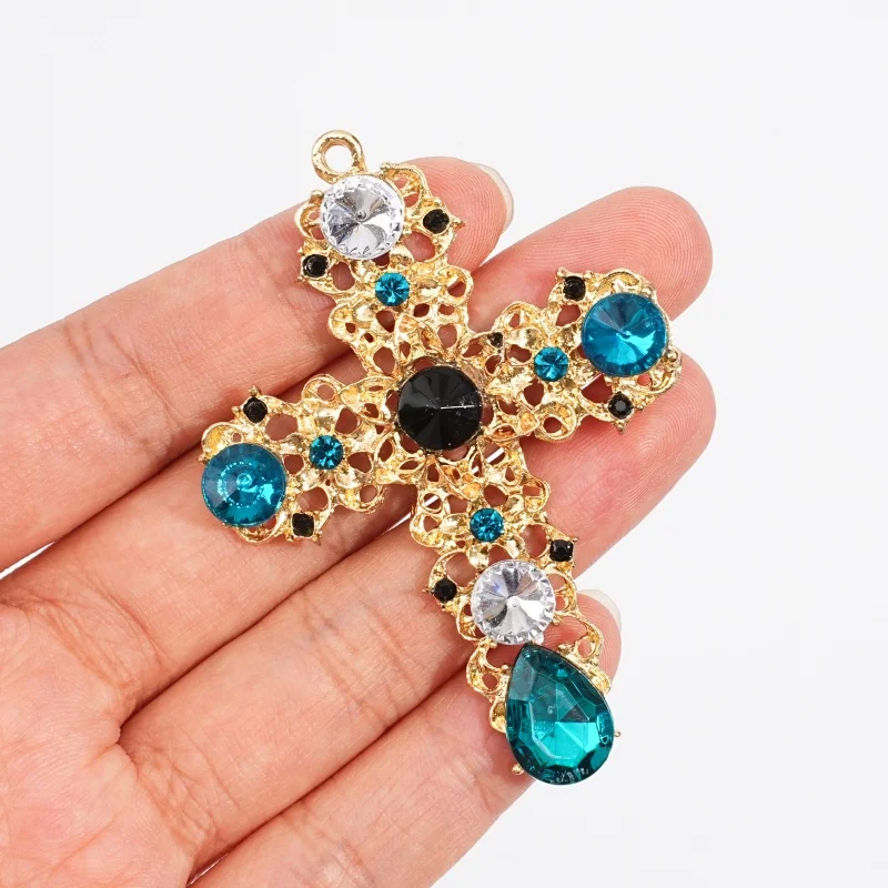 2Pcs Gothic gold filigree cross pendant inlaid with blue black transparent rhinestone necklace bracelet jewelry making accessori