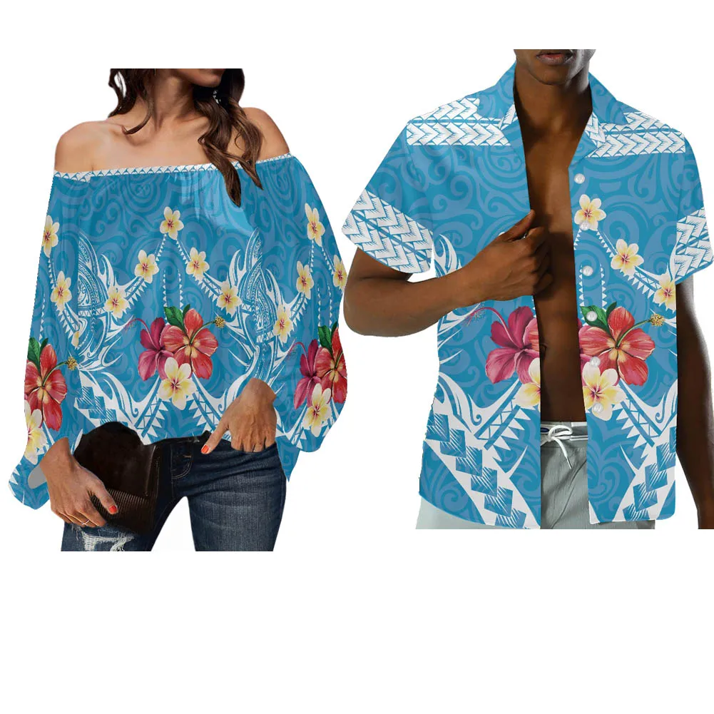 

HYCOOL Polynesian Off Shoulder Tops For Women Sky Blue Hibiscus Print Casual Women'S Blouse Lantern Sleeve Chiffon Blouses Women