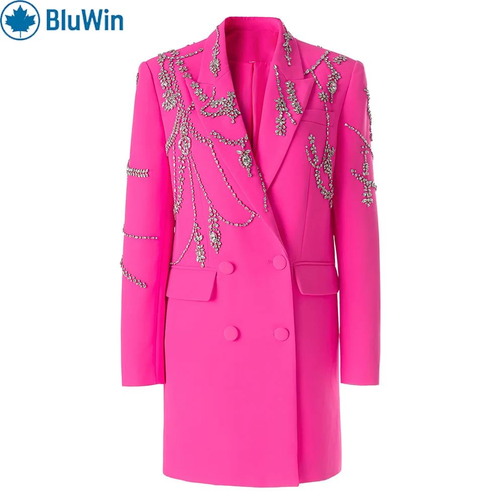 

BluWin Crystal Embellished Blazer Dress Women Double Breasted Hot Pink Long Sleeve Elegant Party Evening