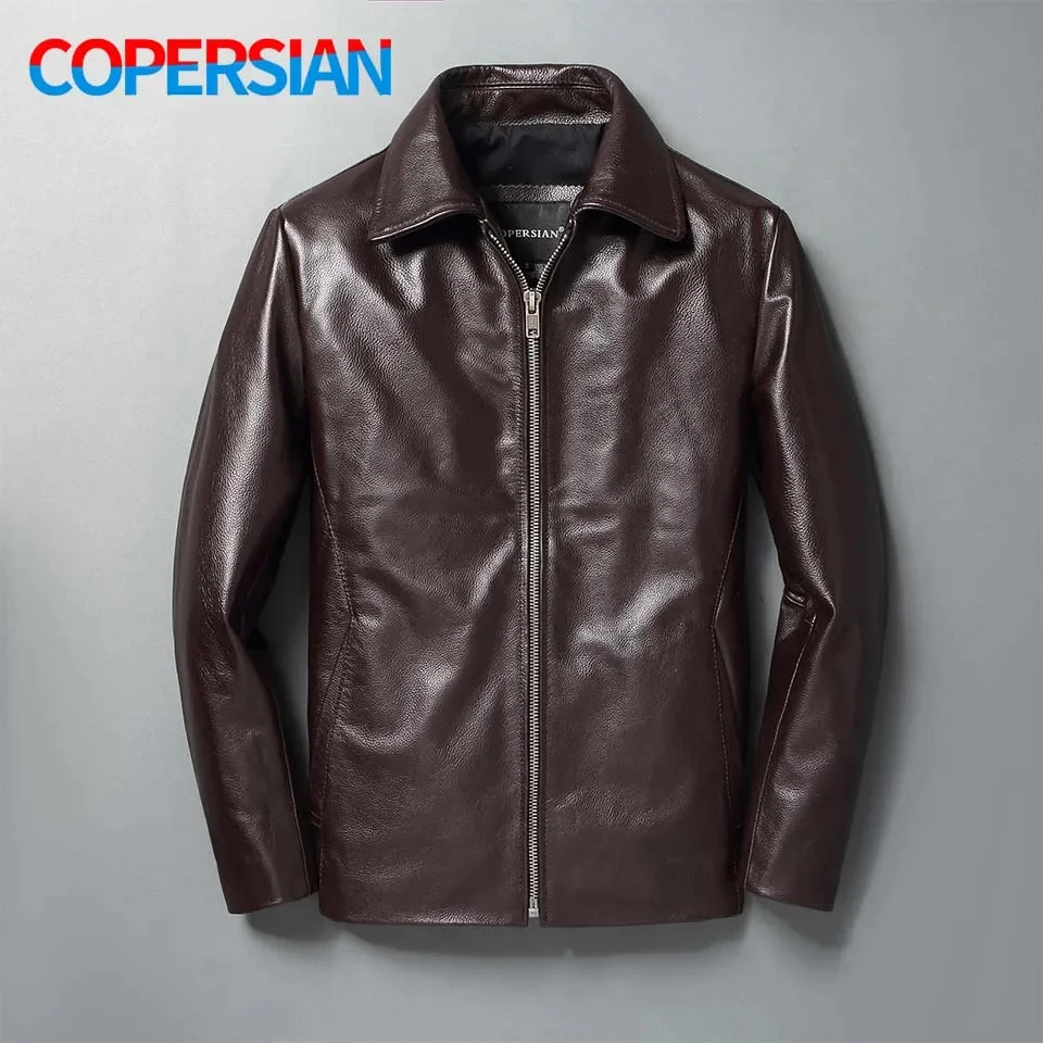 Spring Men Autumn Soft Top Layer Cowhide Leather Loose Black Brown Lapel Natural Calfskin Classic Jacket