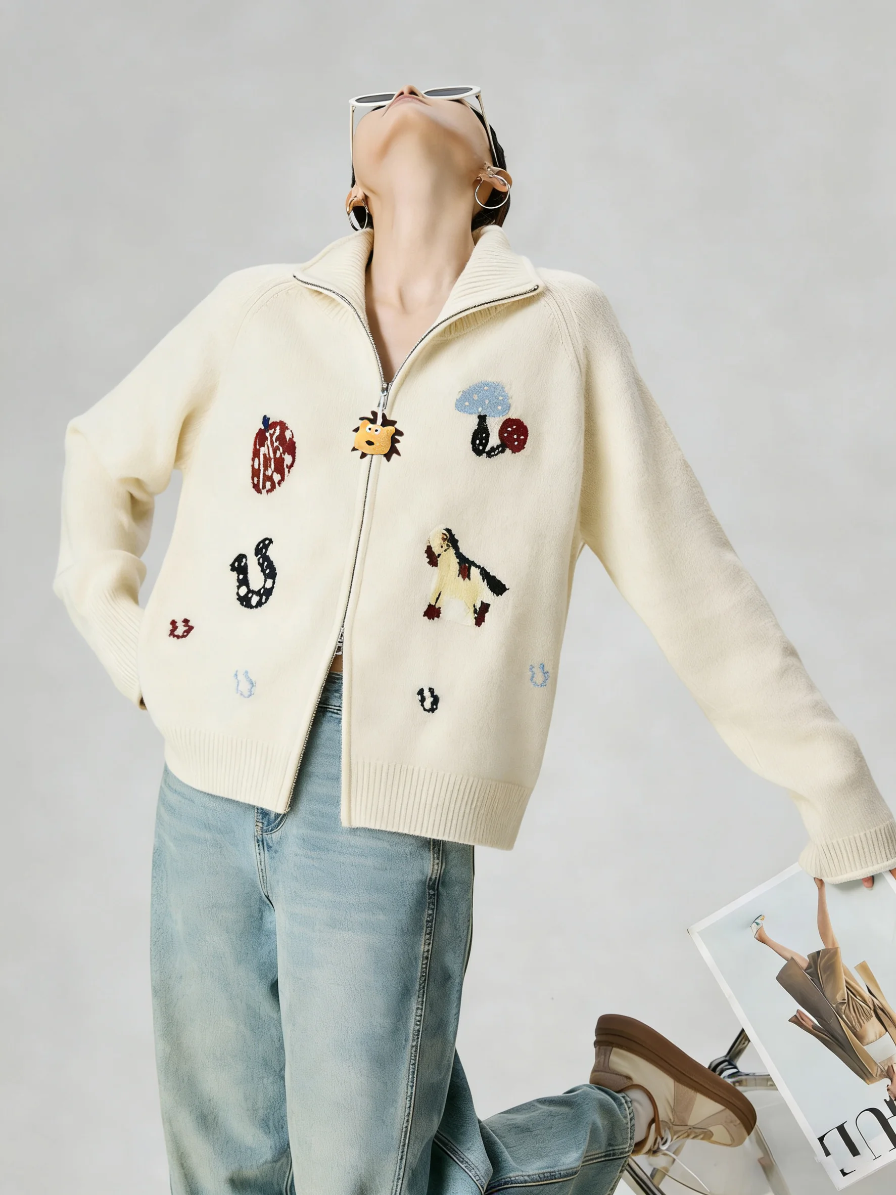 

Unique Beautiful Zipper Knitted Sweater Cardigan Women's High Collar Lazy Sle Faionable Loose Fit Casual Long Sve Top