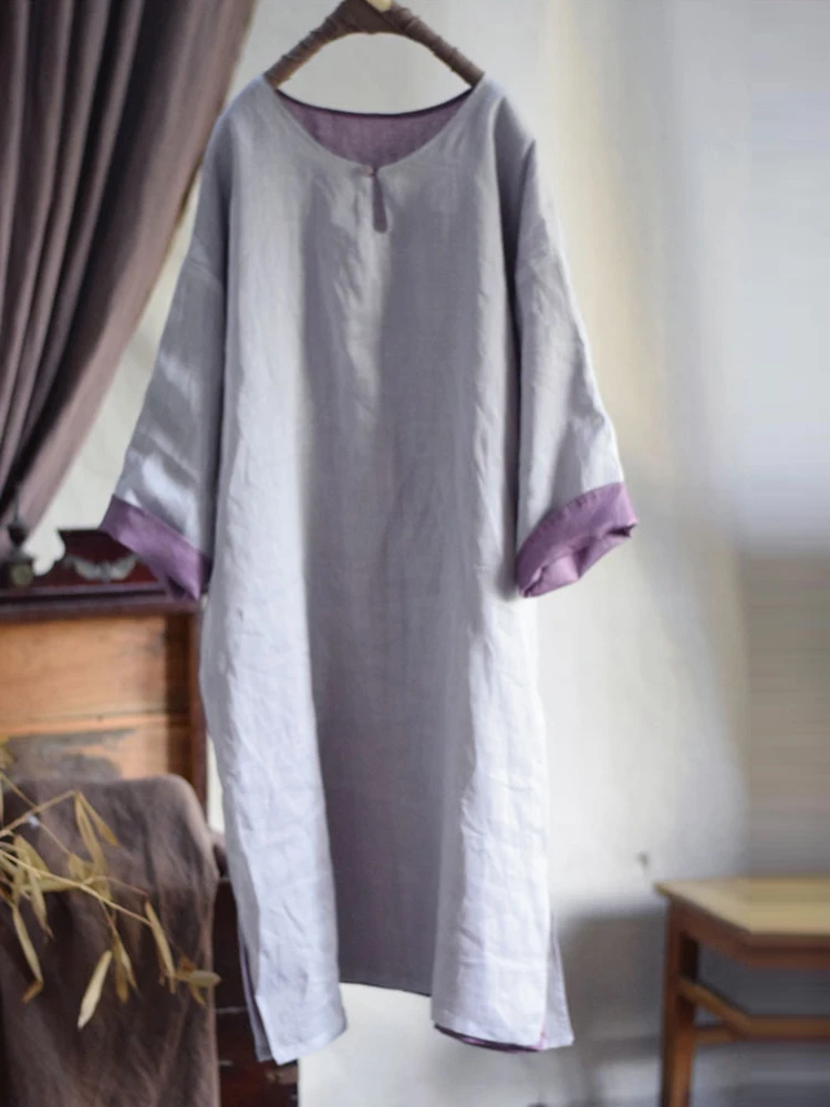 100% ramie feminino vestido casual novo 2025 primavera estilo vintage o pescoço cor sólida dupla camada solta vestidos longos femininos m1456