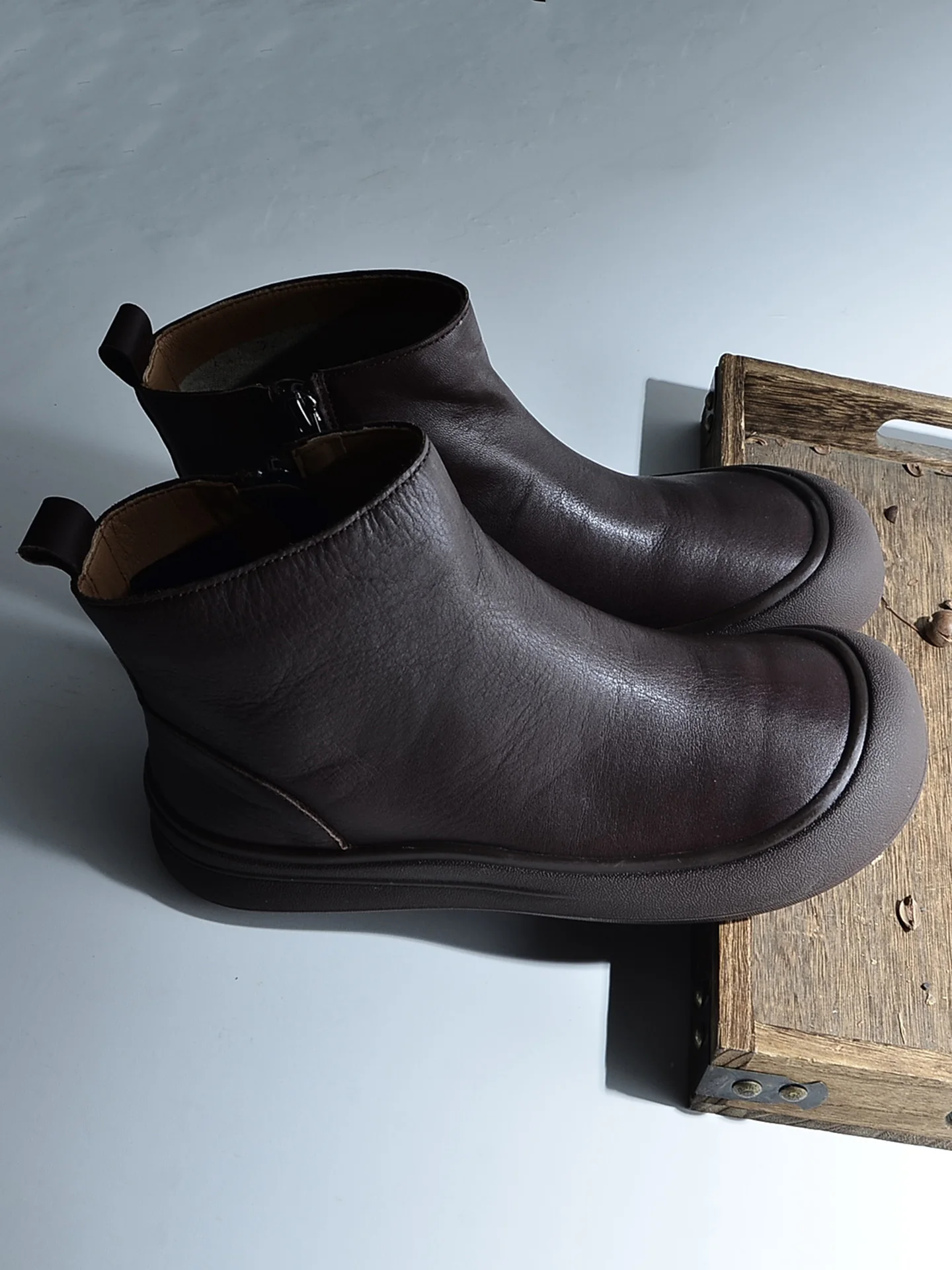Handmade Leather  Boots Women's Flat Bottom Side Zipper Retro Short Boots round Head Cotton Linen Artistic Worn Color