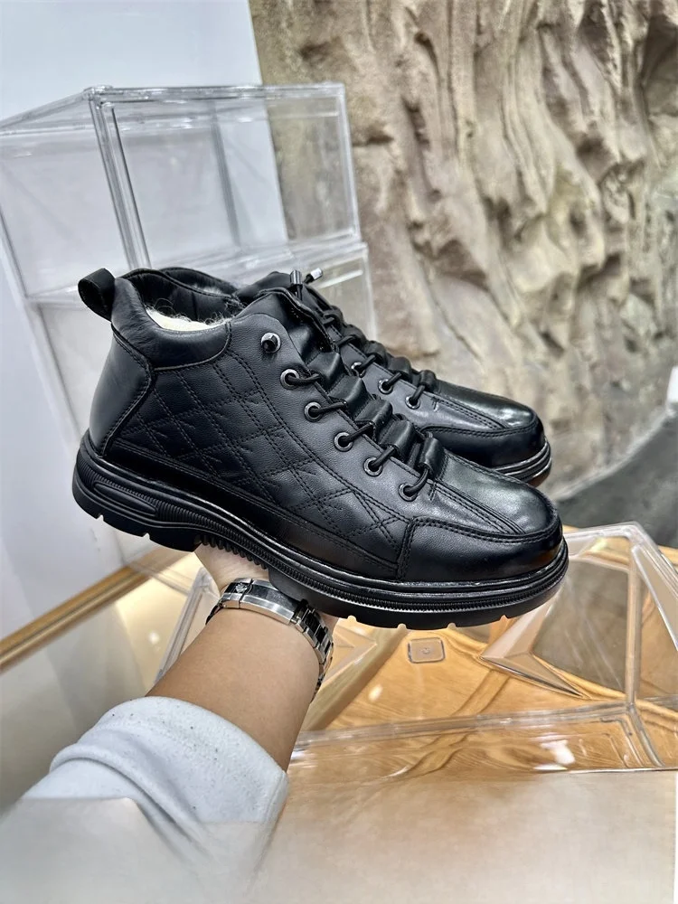 

Мужские зимние повседневные ботинки из переработанного хлопка и кожи, теплые, до середины икры, сшитые, молодежные, с круглым носком, однотонные