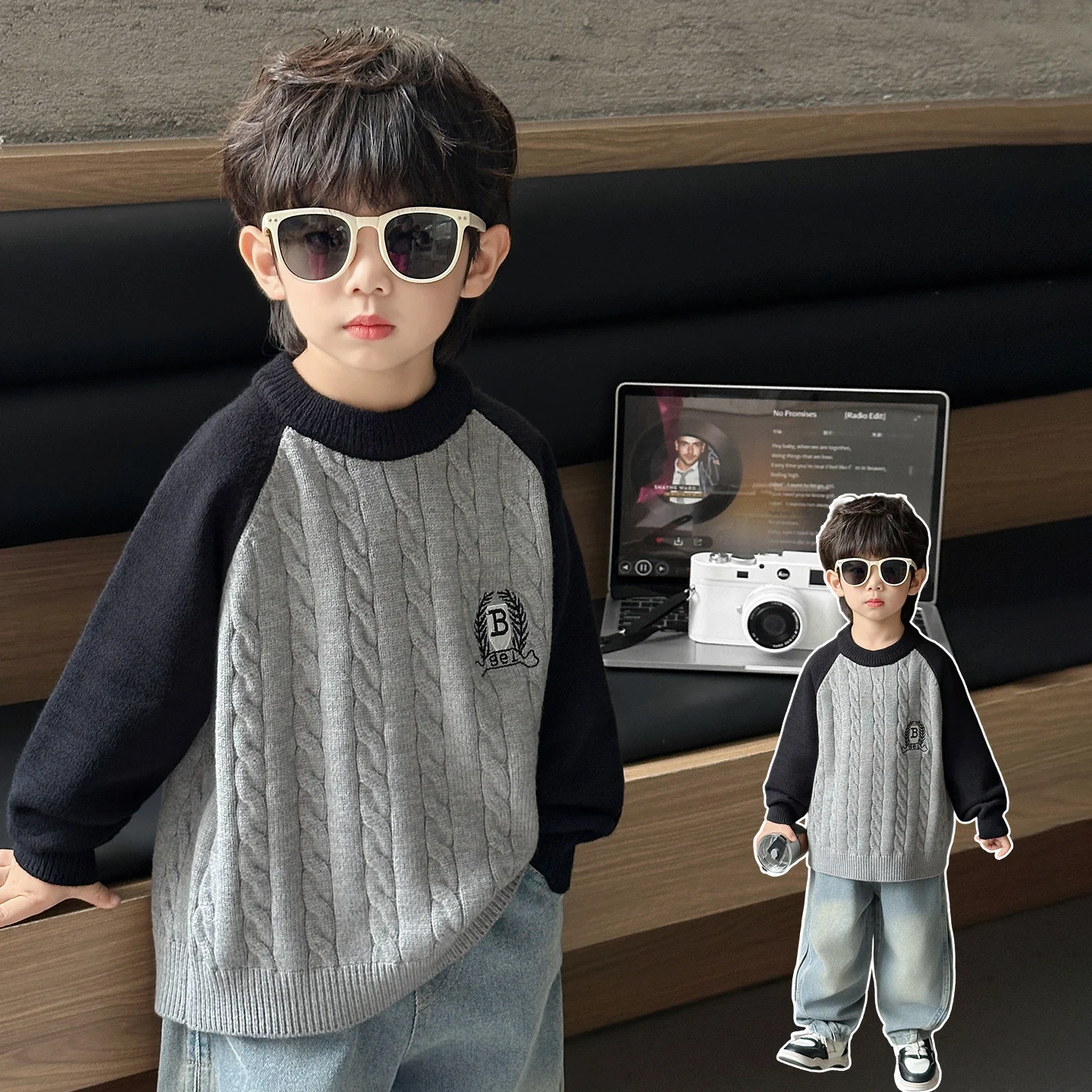 

Детский трикотаж с цветными вставками на плечах, осенне-зимний, теплый, модный базовый слой, длинный рукав, круглый вырез, смесь хлопка