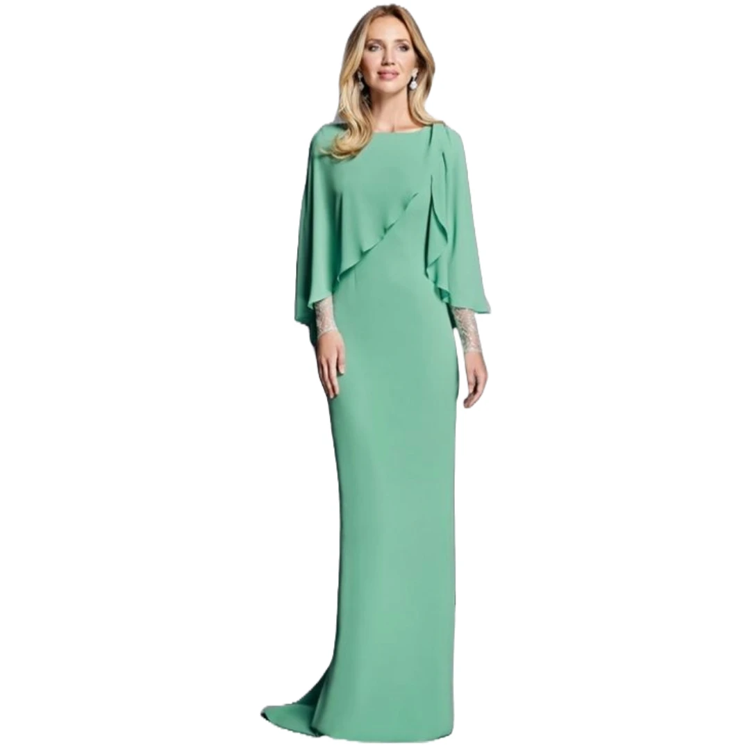 Elegant Mint Green Gown Long Mother of the Bride Dress Featuring Lace Cuffed Sleeves and Figure-Flattering Silhouette Chiffon