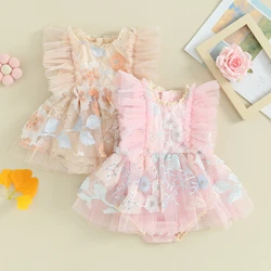 Sweety Baby Girls Summer Mesh Lace Romper Dress  Fly Sleeve Embroidery Flower Bodysuit Summer Baby Jumpsuits Clothes