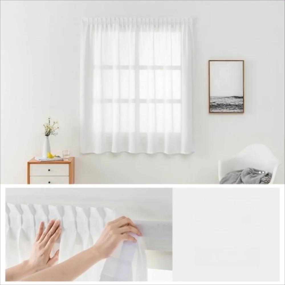 White Sheer Curtain Magic Sticker No Drill Chiffon Sheer Curtain Light Filtering Self-adhesive Semi-Sheer Curtain Living Room