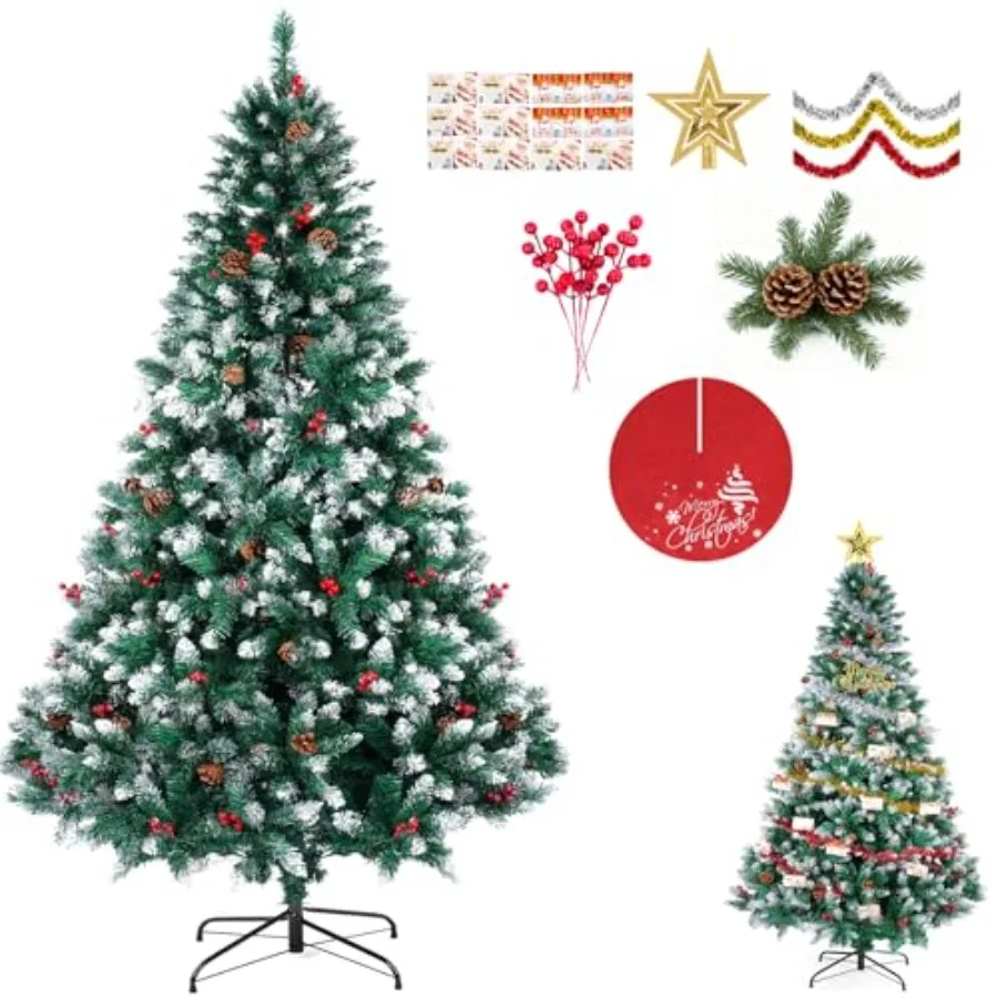 

Christmas Tree, 6FT Artificial Hinged Premium Xmas Trees with 1400 Tips, Easy Assembly, Includes 6 Different Decorations