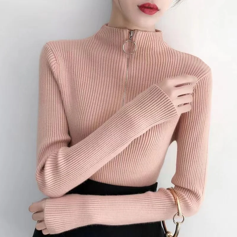 

Turtleneck Sweater Bottoming Sweater 2024 Autumn Women Ribbed Soft Zipper Elastic Pullover Warm Solid Color Slim Jumpers Top