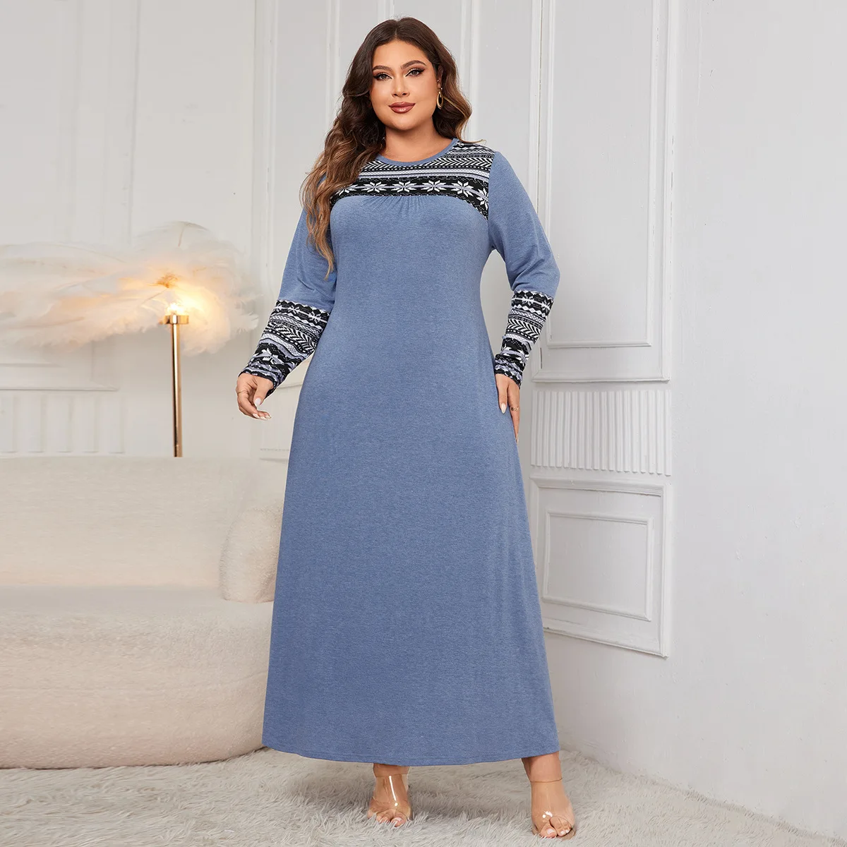 

Loose Printing Long Sleeve Large Size Crew Neck Long Dress robe argent vestidos elegantes para mujer