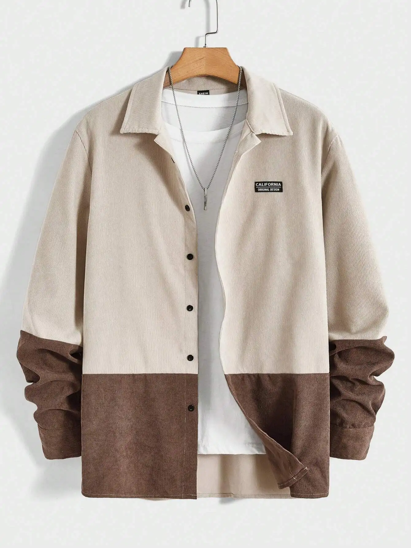 

Men's Two-Tone Corduroy Shirt with Patch Detail, Long Sleeve, Casual Fall Top