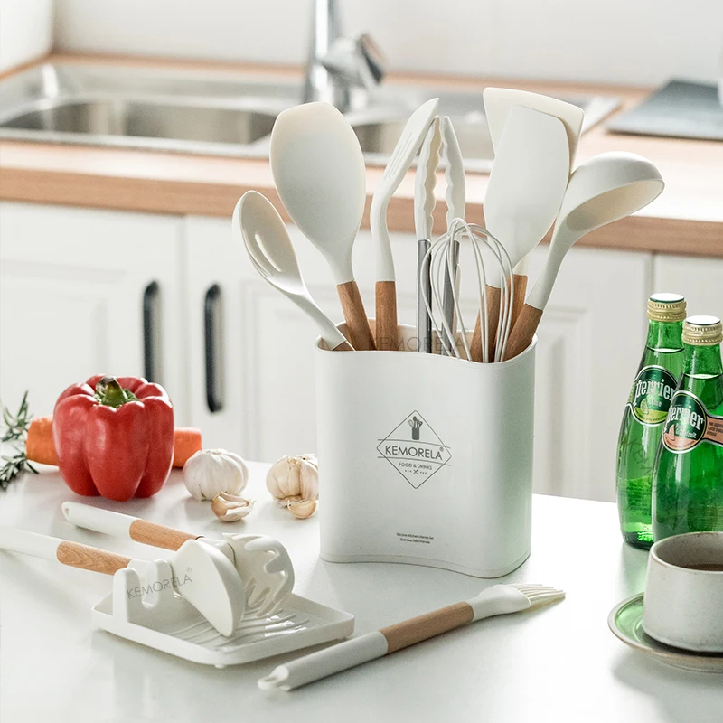 

10/13 PCS Silicone Kitchen Cookware High Temperature Resistant Non-Stick Wooden Handle Spatula Baking Tools Cookware Set