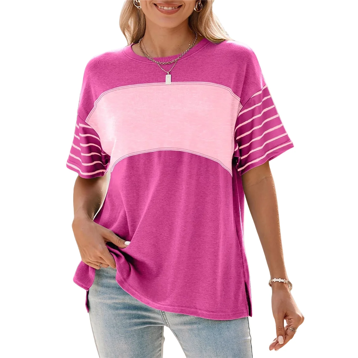 

Womens Summer Oversized 2025 Crewneck Casual Color Block Striped Shirts Blouses Pink L