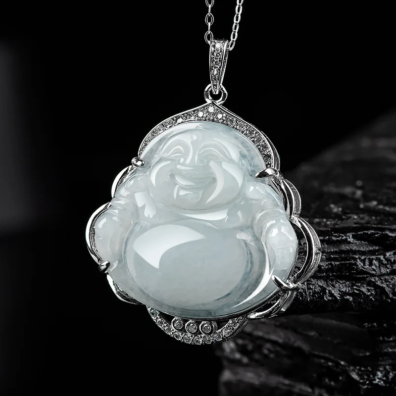 Natural a Cargo Feitsui Buddhle Sculpture Male Maitreya Buddha S925 Silver Inlay NecklaceJade Pendant Women