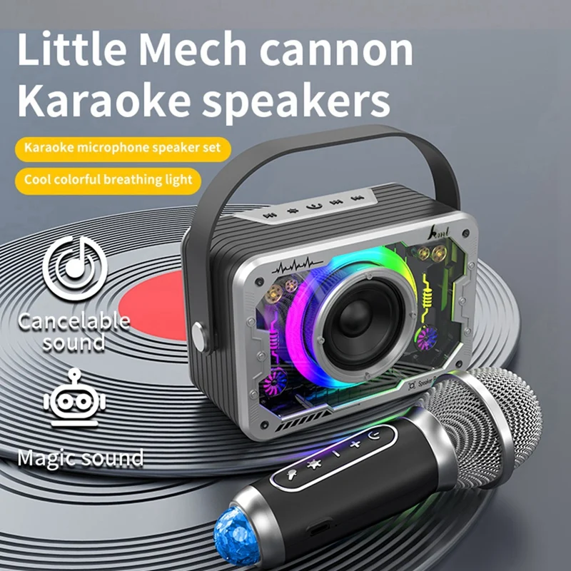 Bluetooth Speaker For Home Outdoor Singing, Portable Bass Wireless Karaoke Speaker Microphone Home Ktv Kit Gray