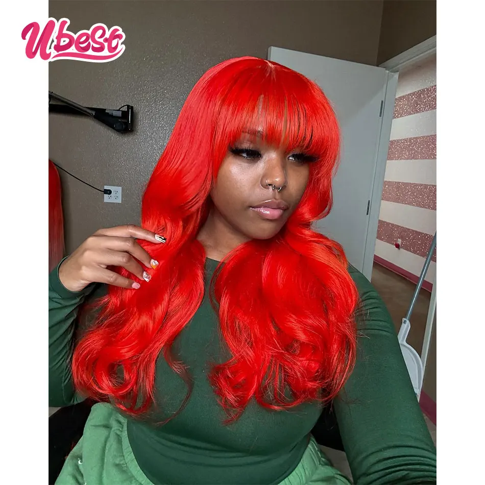 Red 613 Colored 13X6 Bangs Body Wave Transparent Lace Front Wigs 100% Human Hair 180% Density Brazilian Hair Remy Hair Wigs