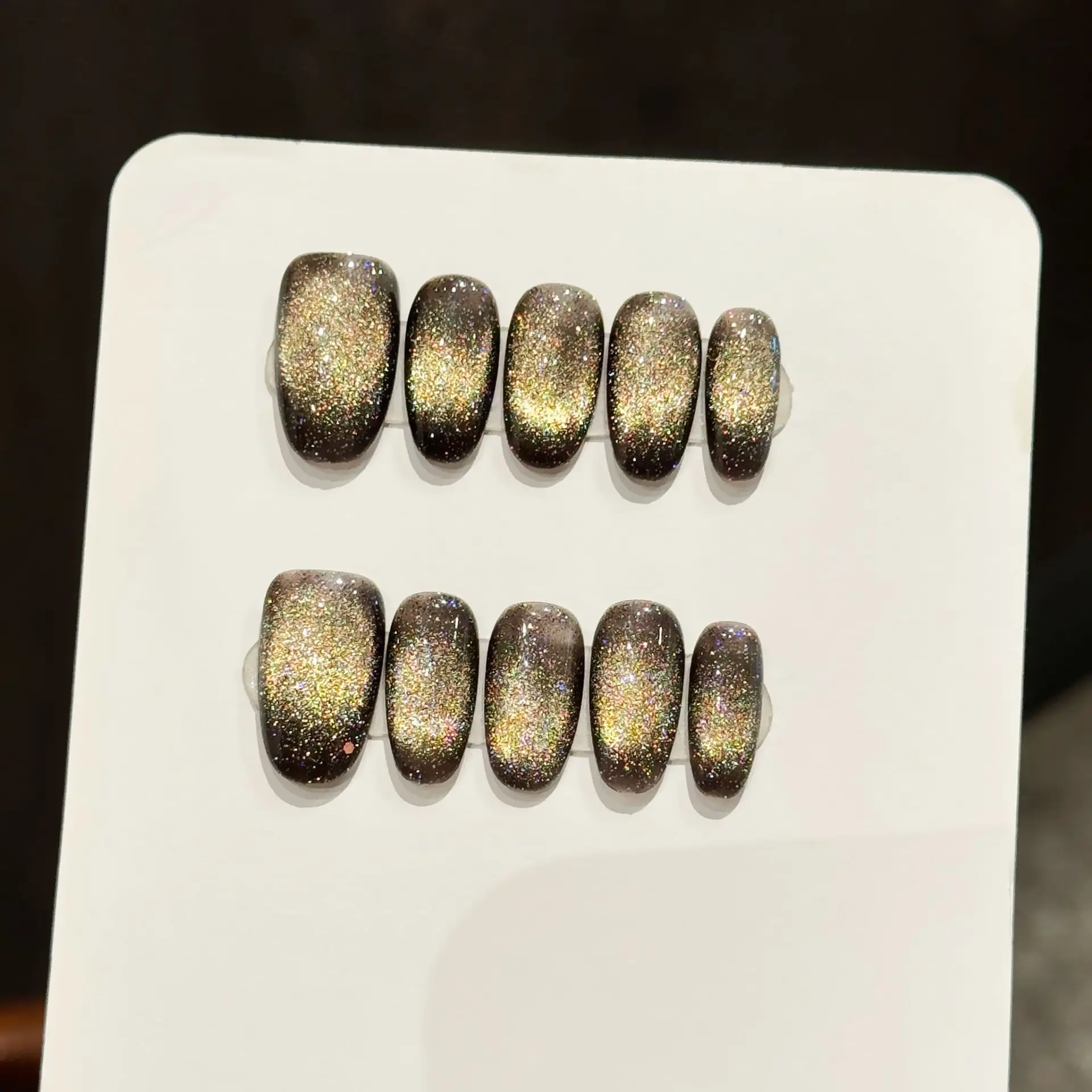 

10 PCS Luxury Handmade Press on Nails Short Oval Golden Brown cat's eye Design with 3-PIECE Tool Adhesive Nail Glue Tabs
