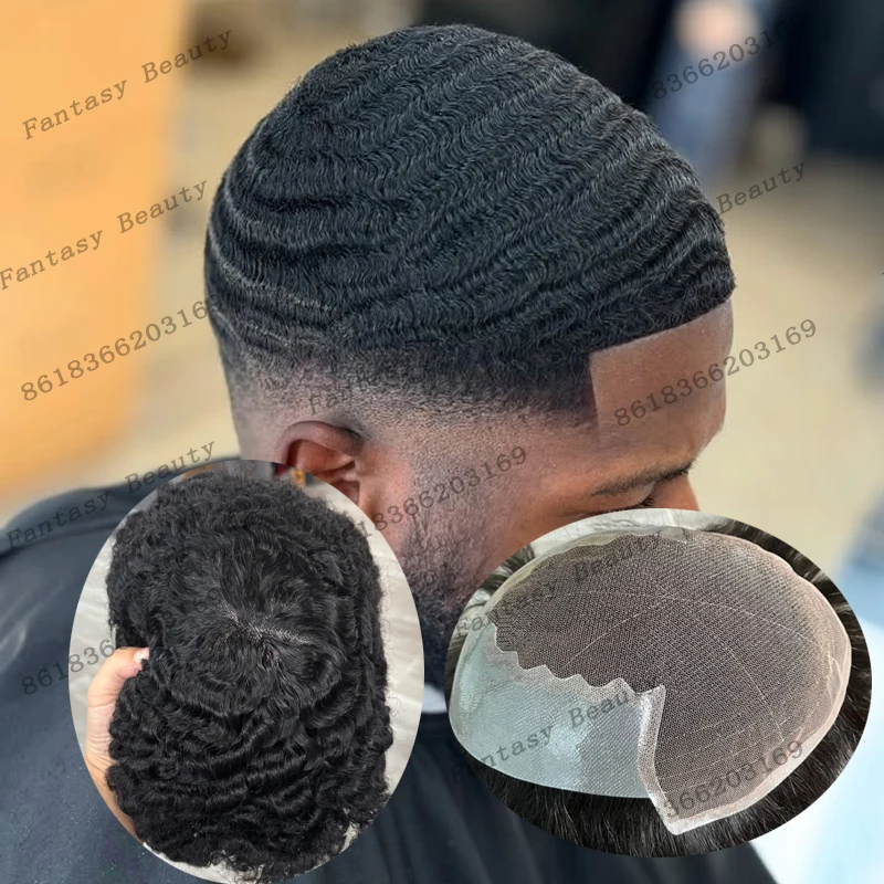 

Прочные 100% человеческие волосы, 10 мм, глубокая волна, темно-черный цвет Q6, корейское кружево и искусство, мужской парик, афро-черный человек, необнаружимый парик с отбеленными узлами