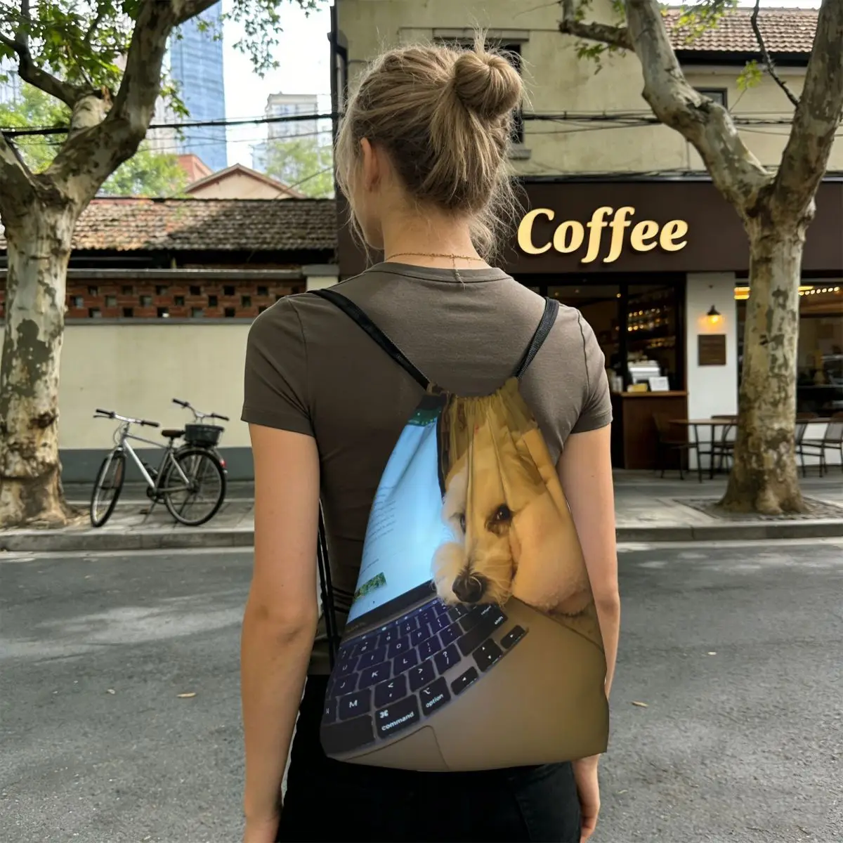 Small Dog Puppy Looks At Computer Backpacks Multi-function Drawstring Bags Sports Bag Book Bags for Man Woman Students