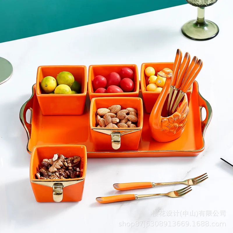 

Amacheng Orange Ceramic Divided Snack Dish Creative Dried Fruit Plate Set Dessert Fruit Tray For Restaurant KTV Hotel
