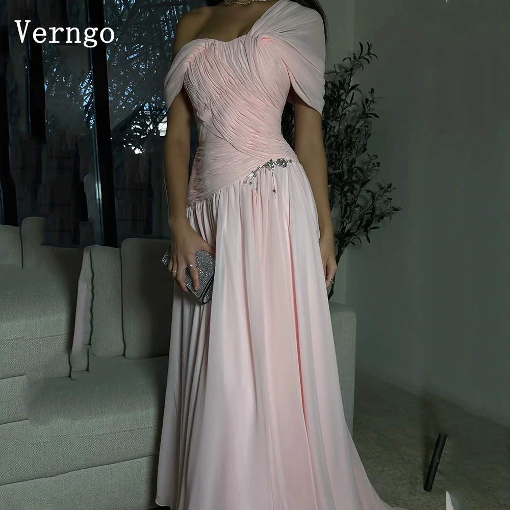 

Verngo Baby Pink Chiffon Evening Dress Off The Shoulder A Line Formal Occasion Dresses Women Elegant Arabic Prom Gown Customized