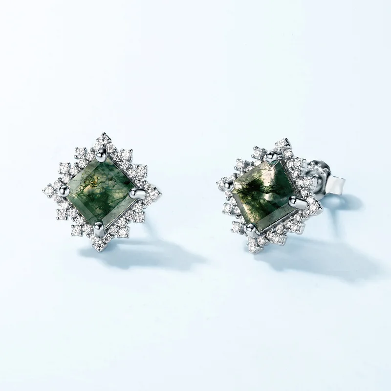 Pendientes de musgo verde platino PT950 con incrustaciones de oro de 18 quilates con piedras de bebé de colores para mujer, ágata cuadrada, lujo ligero