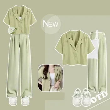 Women's Summer Suit 2023 New Chic Short Sleeved Suit Coat+Sling+Pants Three Piece Korean Elegant Casual Blazer Matching Suit