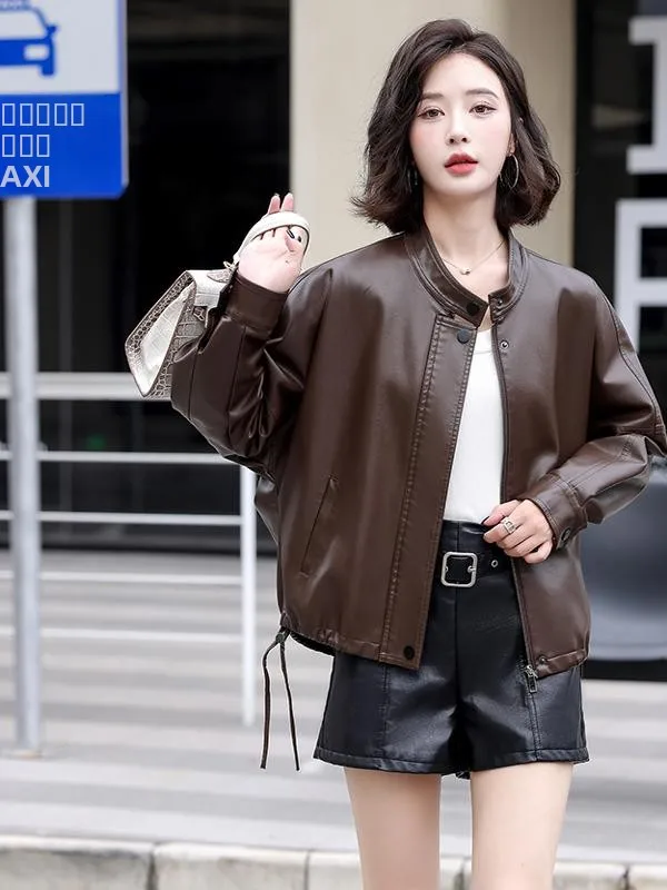 2025 Autumn Winter ort Sle Motorcycle Jaet Women's Loose Fit Korean Version eepskin Leather Coat Warmth Zipper Closure