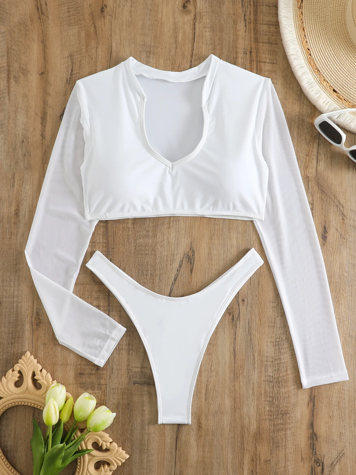 See Through Mesh Long Sleeves Solid Color Two Pieces Women Bikini Sets Swimwear