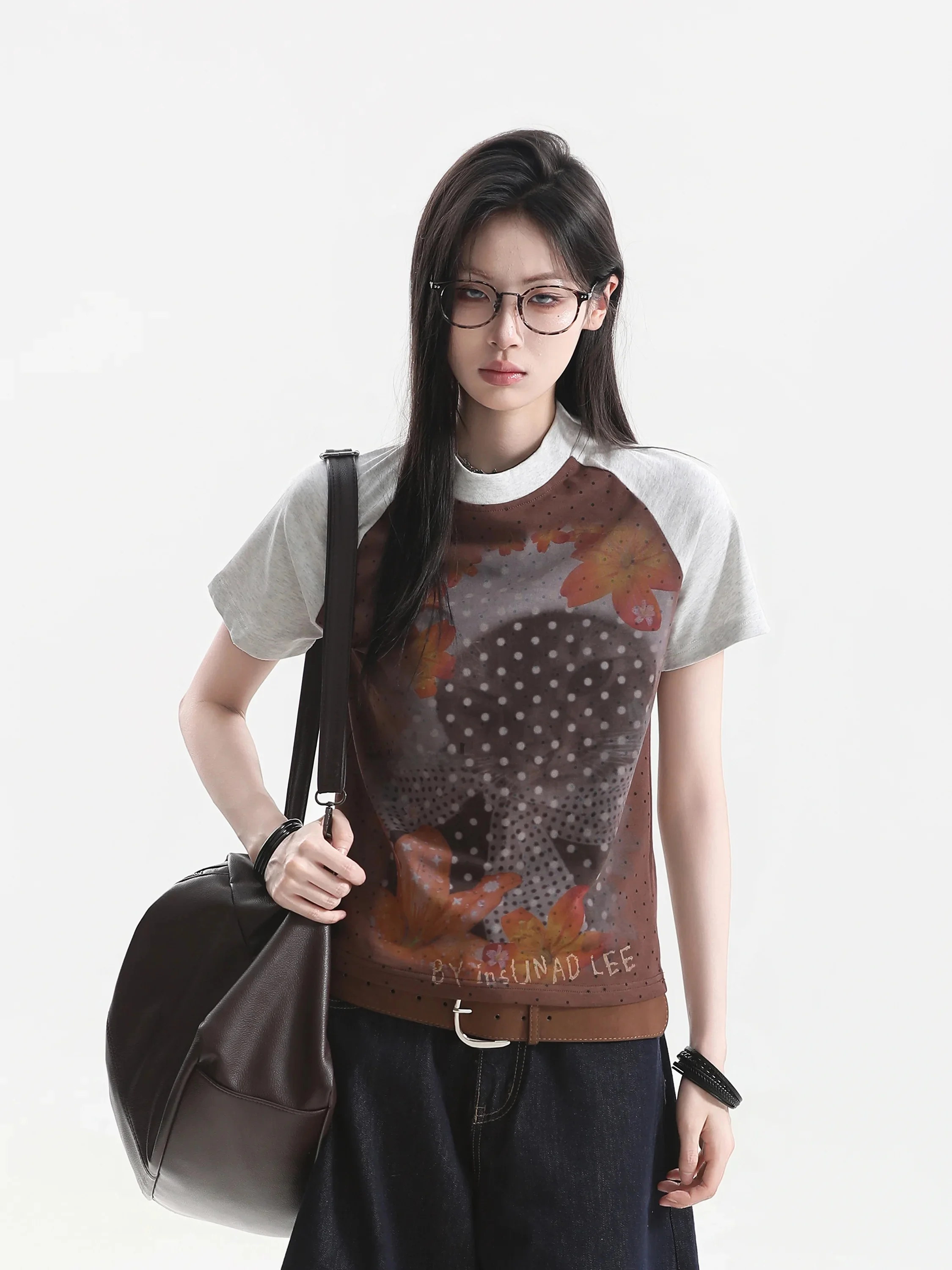 

American Style Streetwear Polka Dot Shoulder Insert T-Shirt Women's Design Loose Fit Summer Short Sleeve round Neck Top