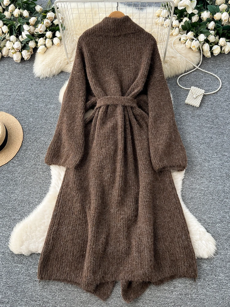 SuperAen Loose Casual Cardigan Coats for Women 2025 Winter New Lace-up Waist Large Turn-down Collar Knitted Dresses