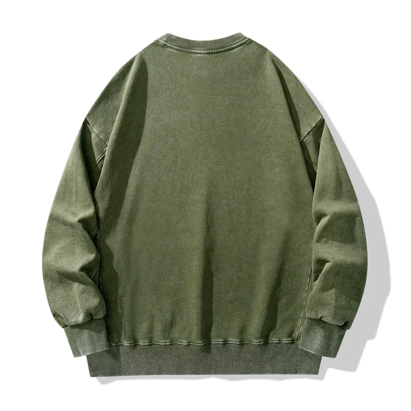 Heavyweight pure cotton sweater, solid color washed long sleeved loose fitting round neck pullover top hoodies